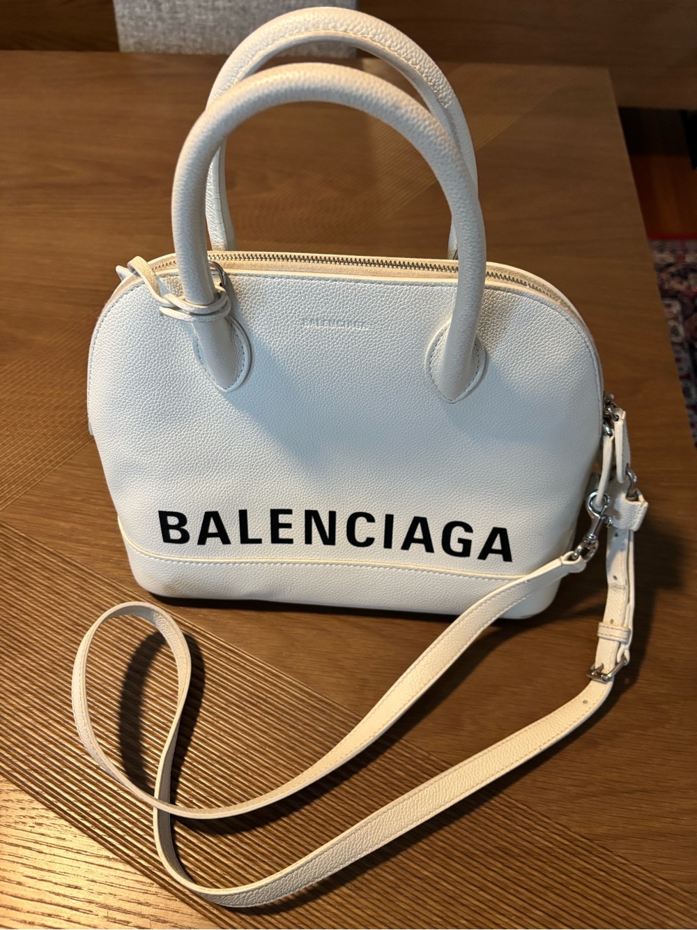 Balenciaga White Leather Domed Ville Top Handle Bag with Bold Black Logo